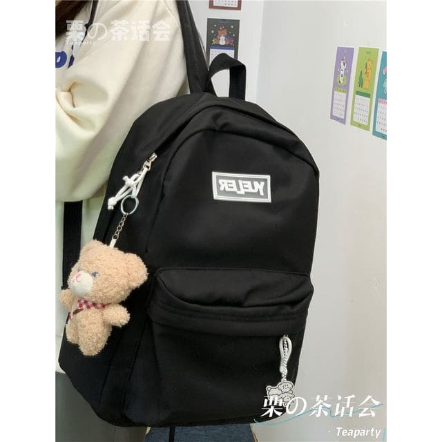 Lightweight Lettering Zip Backpack - With Bear - Black