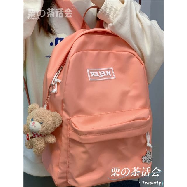 Lightweight Lettering Zip Backpack - With Bear - Tangerine