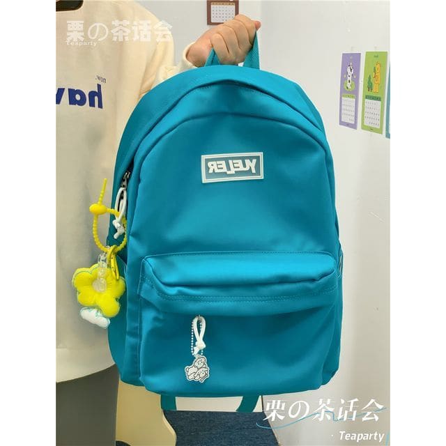 Lightweight Lettering Zip Backpack - With Flower - Aqua