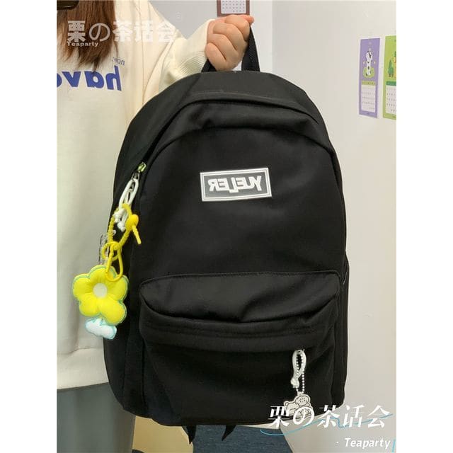 Lightweight Lettering Zip Backpack - With Flower - Black