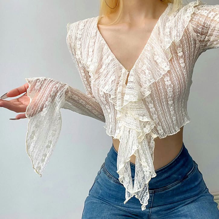 Lightweight Ruffle Lace Top - S / Beige - Tops