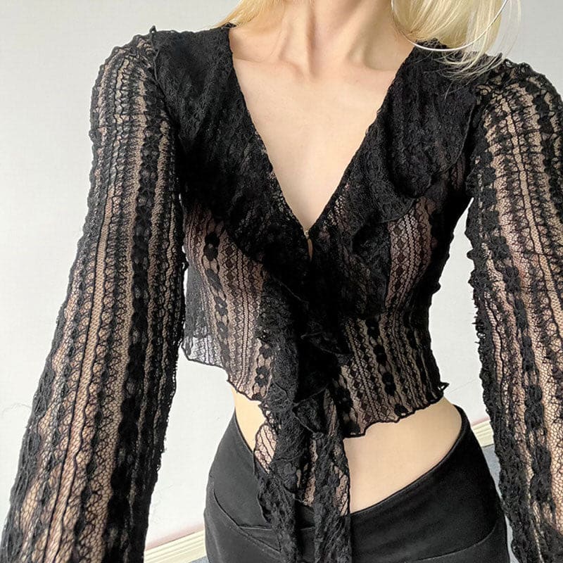 Lightweight Ruffle Lace Top - S / Black - Tops