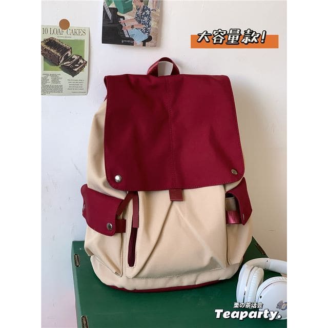 Lightweight Two Tone Flap Backpack - Wine Red / One Size