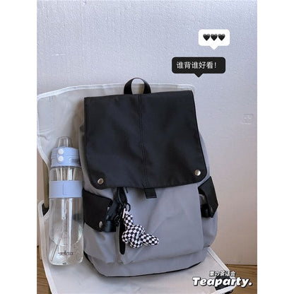 Lightweight Two Tone Flap Backpack - With Twister - Black