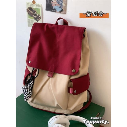 Lightweight Two Tone Flap Backpack - With Twister - Wine