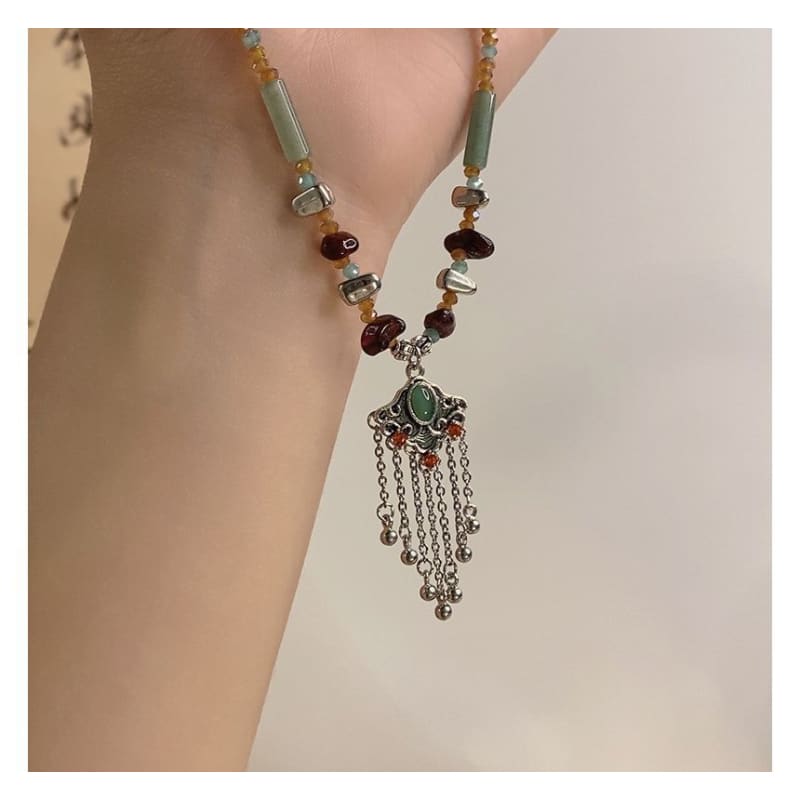 Lock Fringed Pendant Faux Gemstone Alloy Choker