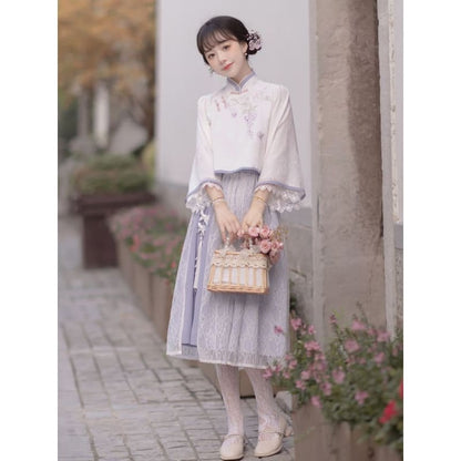 Lolita 3/4-Sleeve Qipao Top / High Rise Overlay Midi A-Line