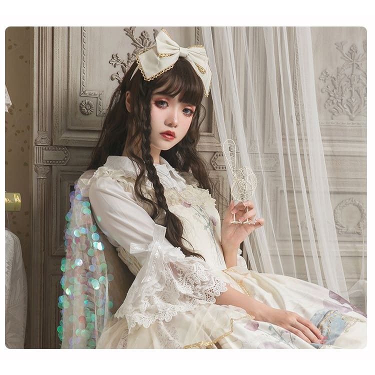 Lolita Bell-Sleeve Collared Lace Trim Blouse