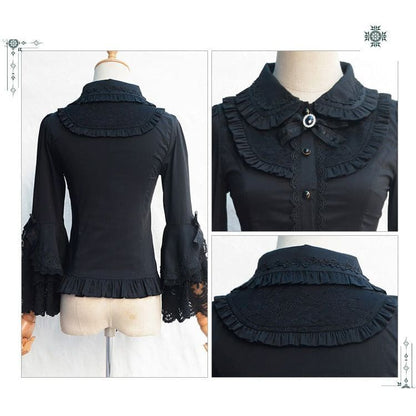 Lolita Bell-Sleeve Collared Lace Trim Blouse