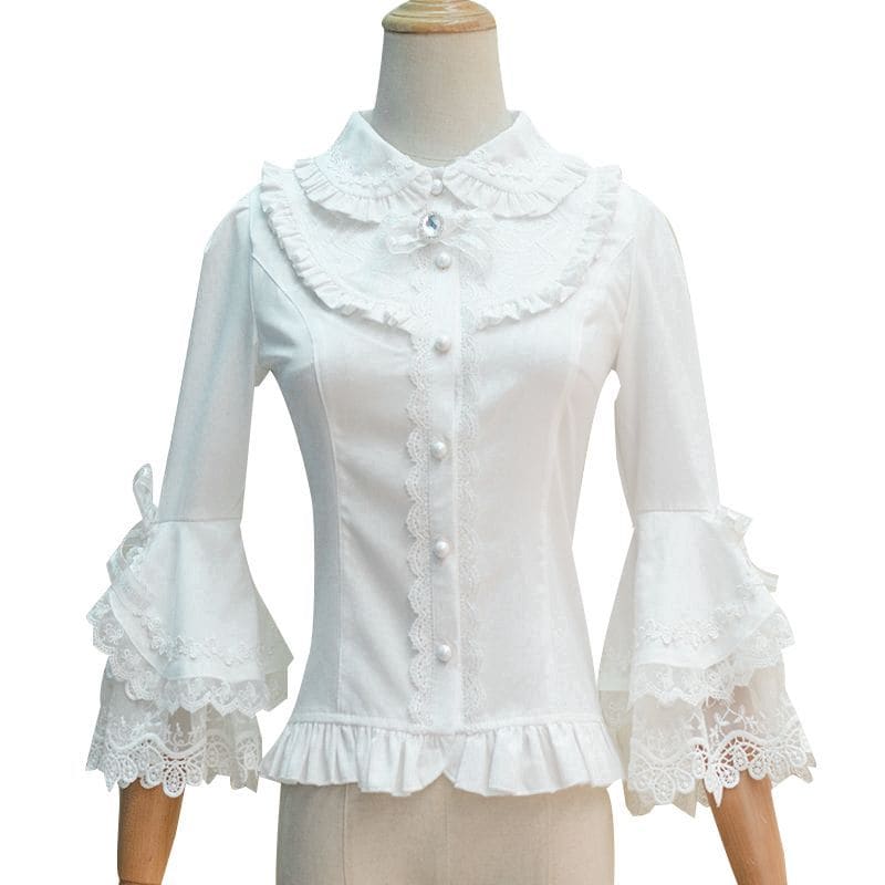 Lolita Bell-Sleeve Collared Lace Trim Blouse