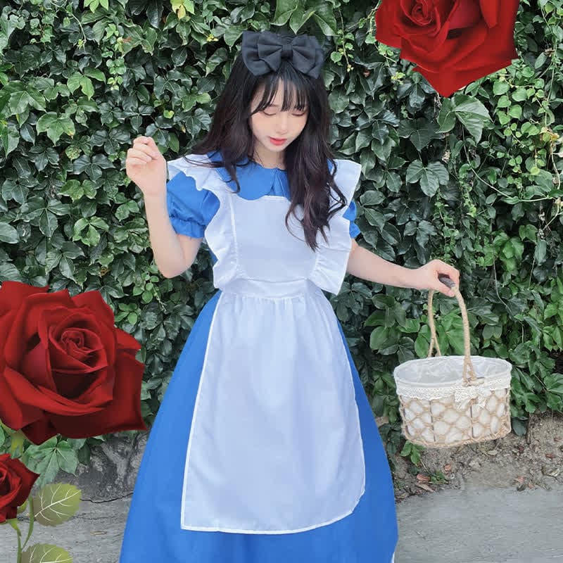 Lolita Blue Lapel Ruffled Maid Long Dress