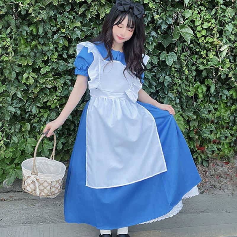 Lolita Blue Lapel Ruffled Maid Long Dress - Blue / S