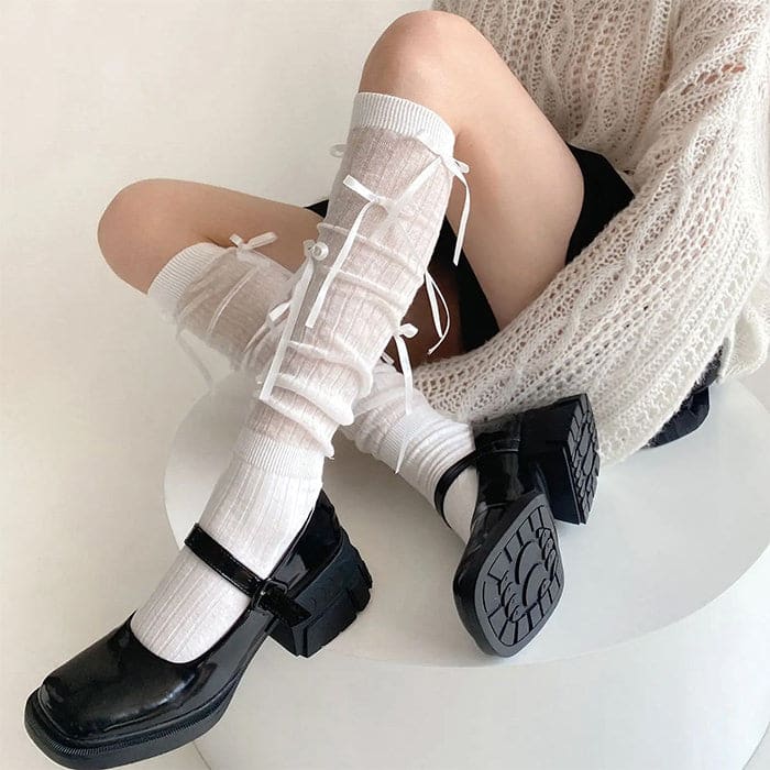 Lolita Bow High Socks - White - Socksballetcore bow high