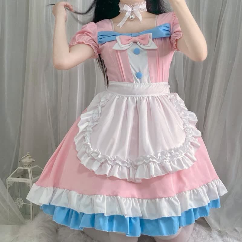 Lolita Bow Knot Ruffled Maid Dress - Pink / One Size