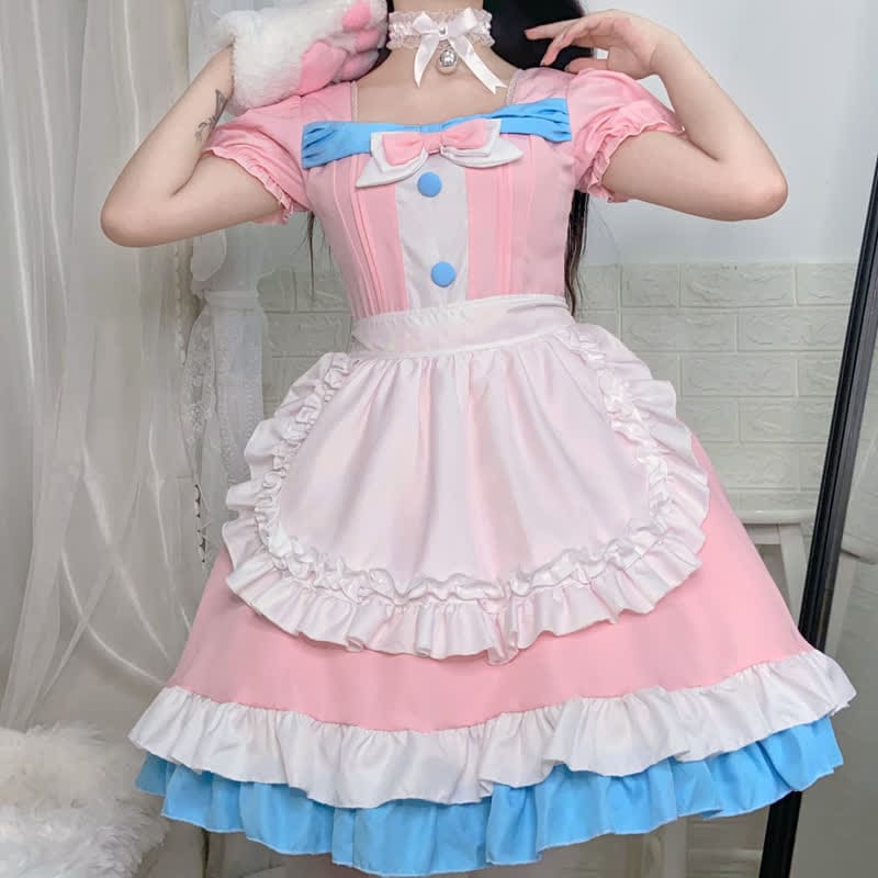 Lolita Bow Knot Ruffled Maid Dress - Pink / One Size