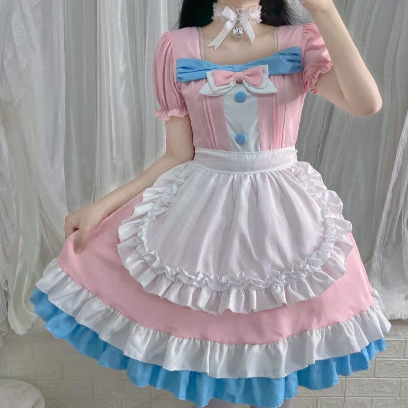 Lolita Bow Knot Ruffled Maid Dress - Pink / One Size