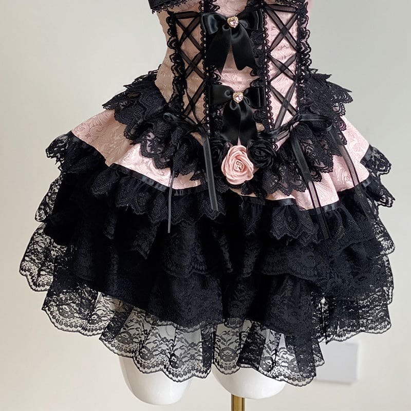 Lolita Bowknot Lace Corset Tops Layered Shorts - Black