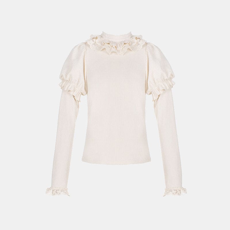 Lolita Bowknot Plush Overalls Puff Sleeve Lace Shirt