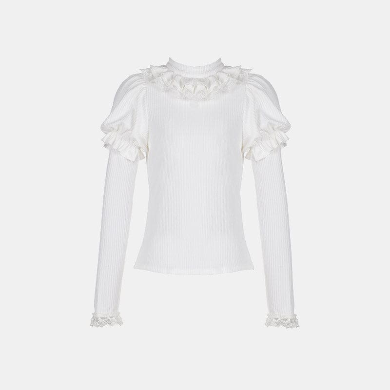 Lolita Bowknot Plush Overalls Puff Sleeve Lace Shirt