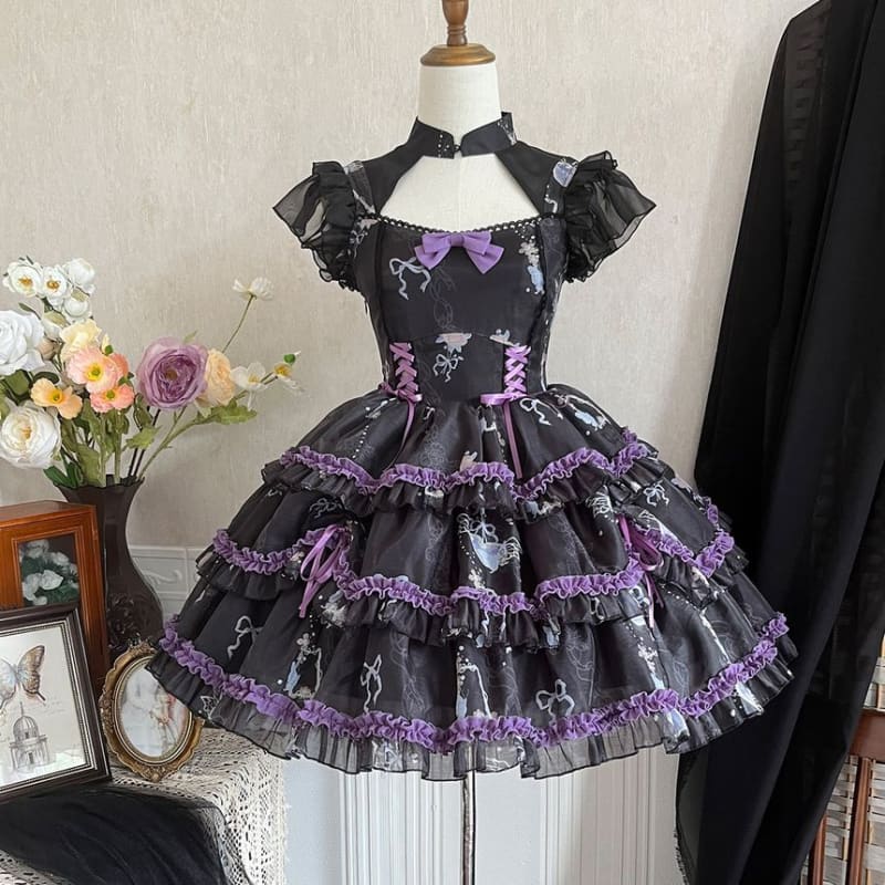 Lolita Cap-Sleeve Mesh Tiered A-Line Dress