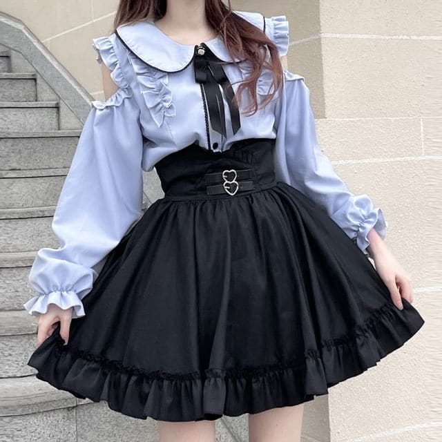 Lolita Collared Plain Ruffle Trim Blouse / High Waist Plain