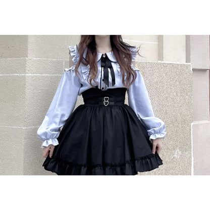 Lolita Collared Plain Ruffle Trim Blouse / High Waist Plain