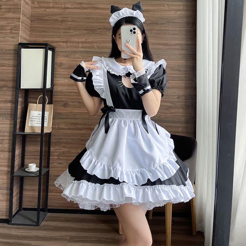 Lolita Doll Collar Kitty Hollow Out Ruffled Maid Dress