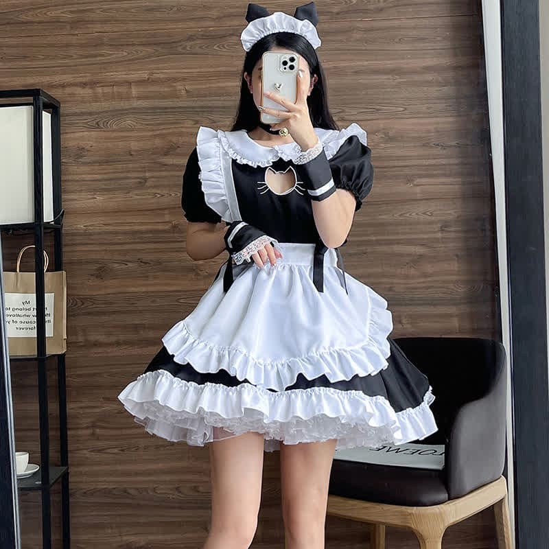 Lolita Doll Collar Kitty Hollow Out Ruffled Maid Dress