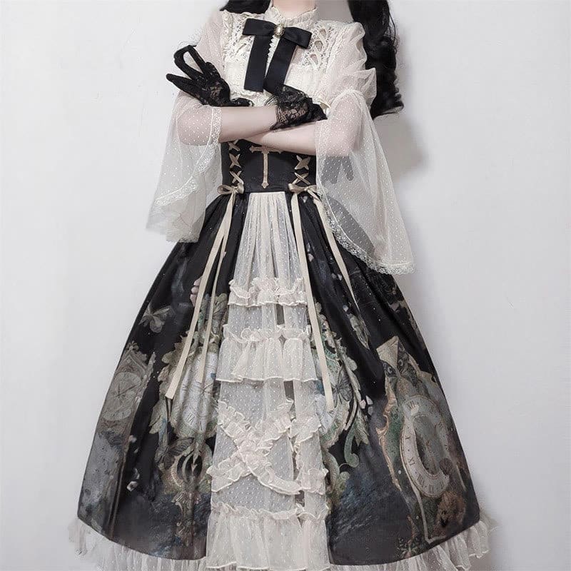 Lolita Elegant Bowknot Lace Shirt Clock Print High Waist