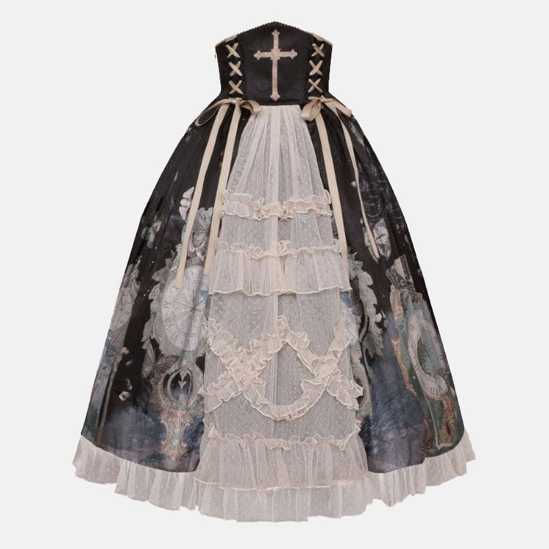 Lolita Elegant Bowknot Lace Shirt Clock Print High Waist