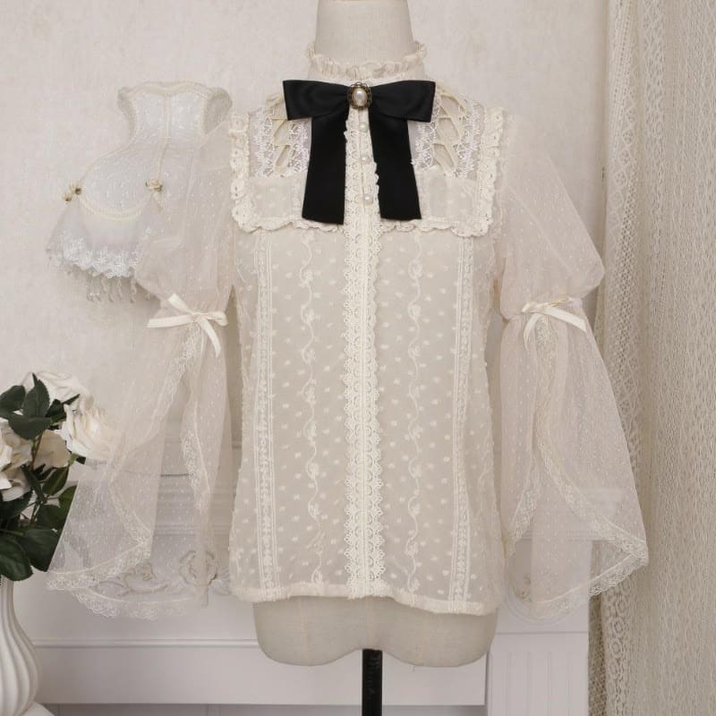 Lolita Elegant Bowknot Lace Shirt Clock Print High Waist