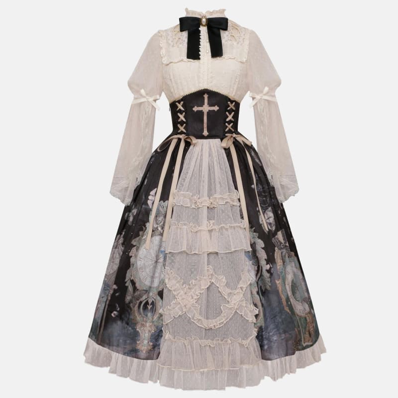 Lolita Elegant Bowknot Lace Shirt Clock Print High Waist