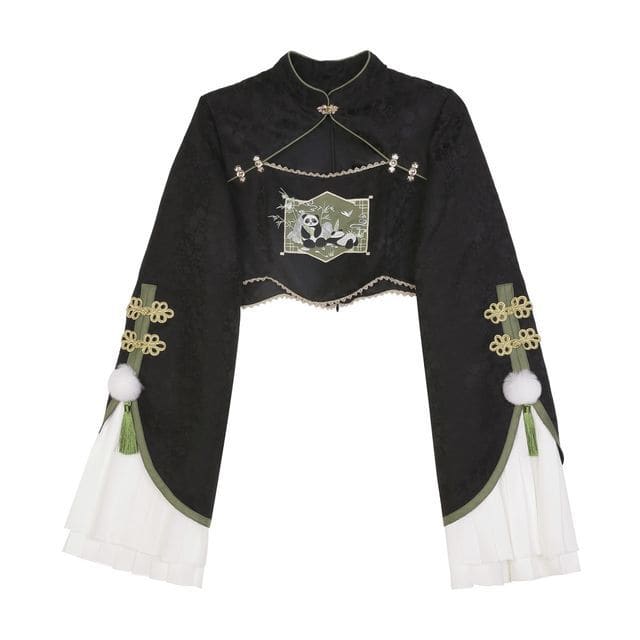 Lolita Flared-Sleeve Panda Embroidered Cropped Blouse / Two