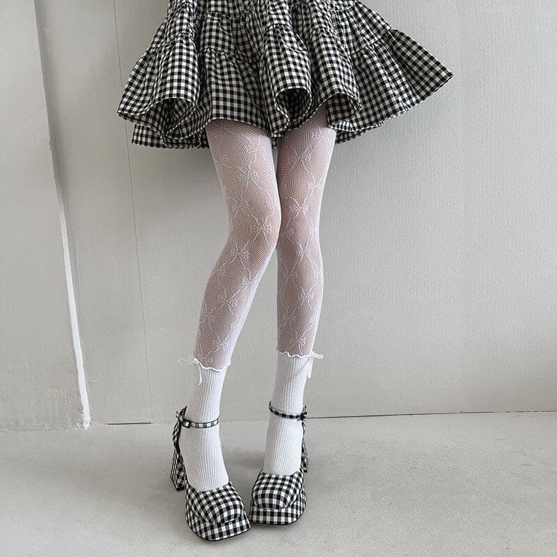 Lolita Flower Lace Bow Tights - White - Tights