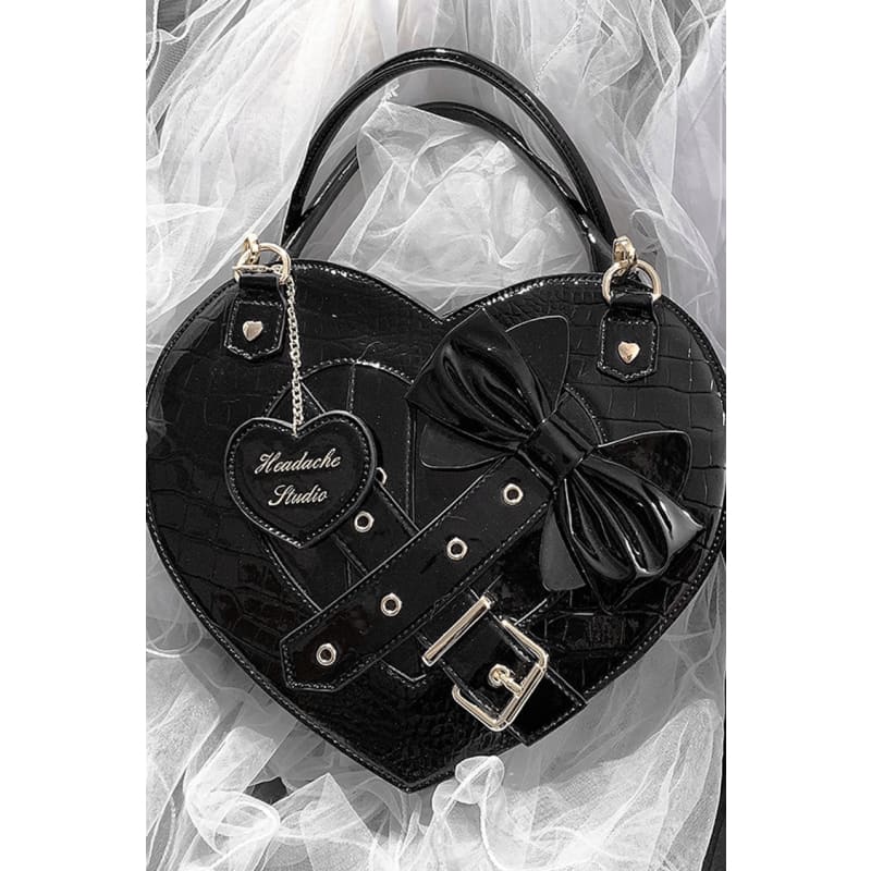 Lolita Heart Shaped Bowknot Buckle Bag - One-Size / Black