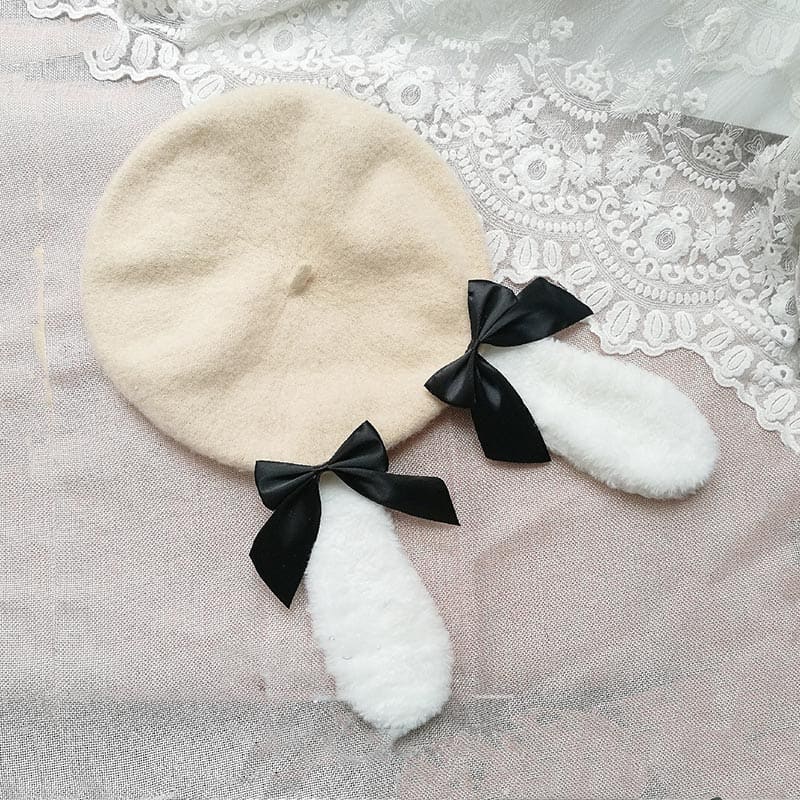 Lolita Japanese Bow-Knot Beret - Creamy-White / M