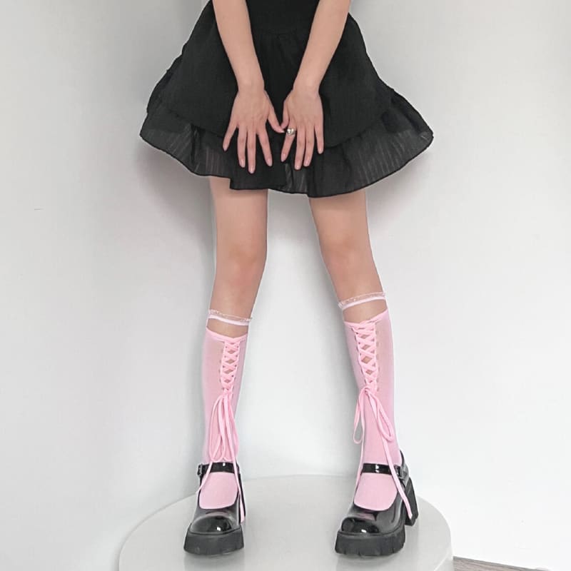 Lolita Lace Ribbon Bandage Stockings - Stockings