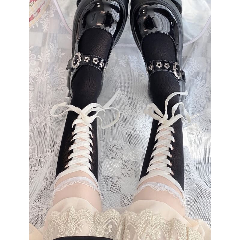 Lolita Lace Ribbon Bandage Stockings - Black stockings