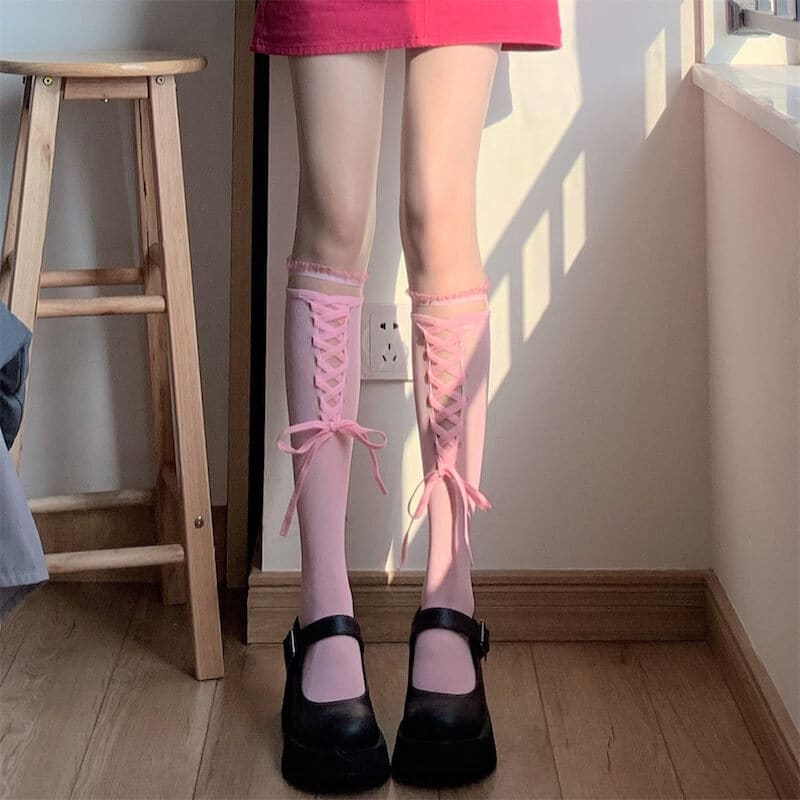 Lolita Lace Ribbon Bandage Stockings - Pink stockings