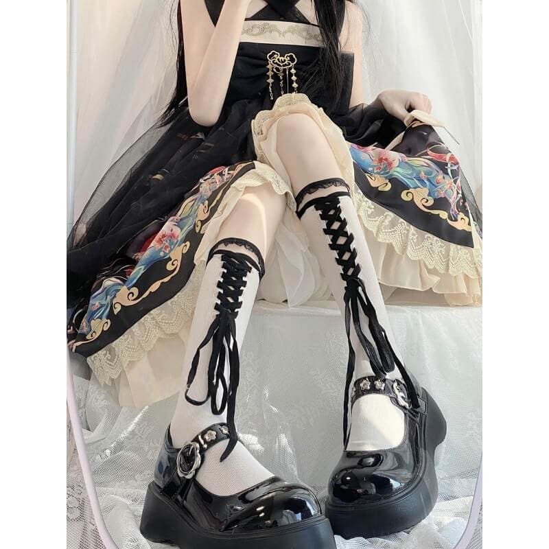 Lolita Lace Ribbon Bandage Stockings - White stockings