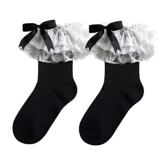 Lolita Lace Ruffle Bow Socks - Black / Short