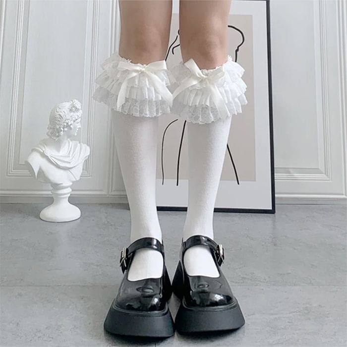 Lolita Lace Ruffle Bow Socks - White / Long