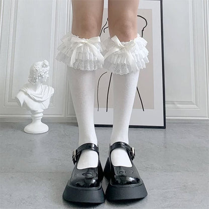 Lolita Lace Ruffle Bow Socks - White / Long