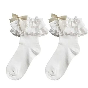 Lolita Lace Ruffle Bow Socks - White / Short