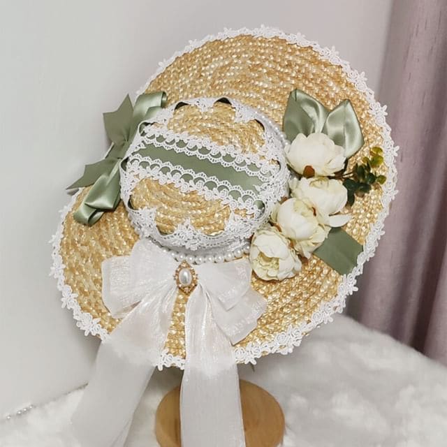 Lolita Lace Trim Straw Hat - 01 - Light Yellow & White &