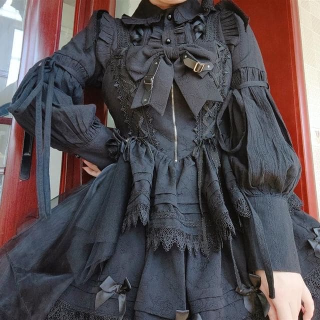 Lolita Long Sleeve Collar Ruffle Lace Blouse - Black / S