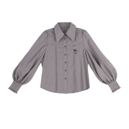 Lolita Long-Sleeve Collared Bird Embroidered Pintuck Shirt