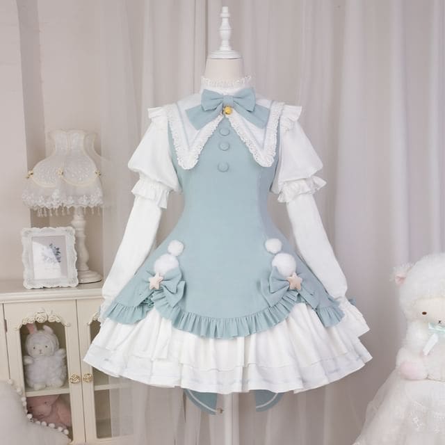 Lolita Long-Sleeve Collared Bow Lace Trim Mini A-Line Dress