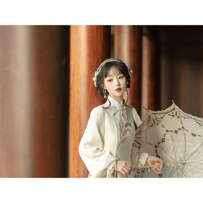 Lolita Long-Sleeve Embroidered Hanfu Blouse / Mid Rise Lace