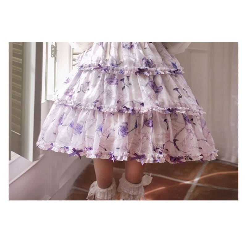 Lolita Long-Sleeve Floral Bow Ruffle Trim Midi A-Line Dress